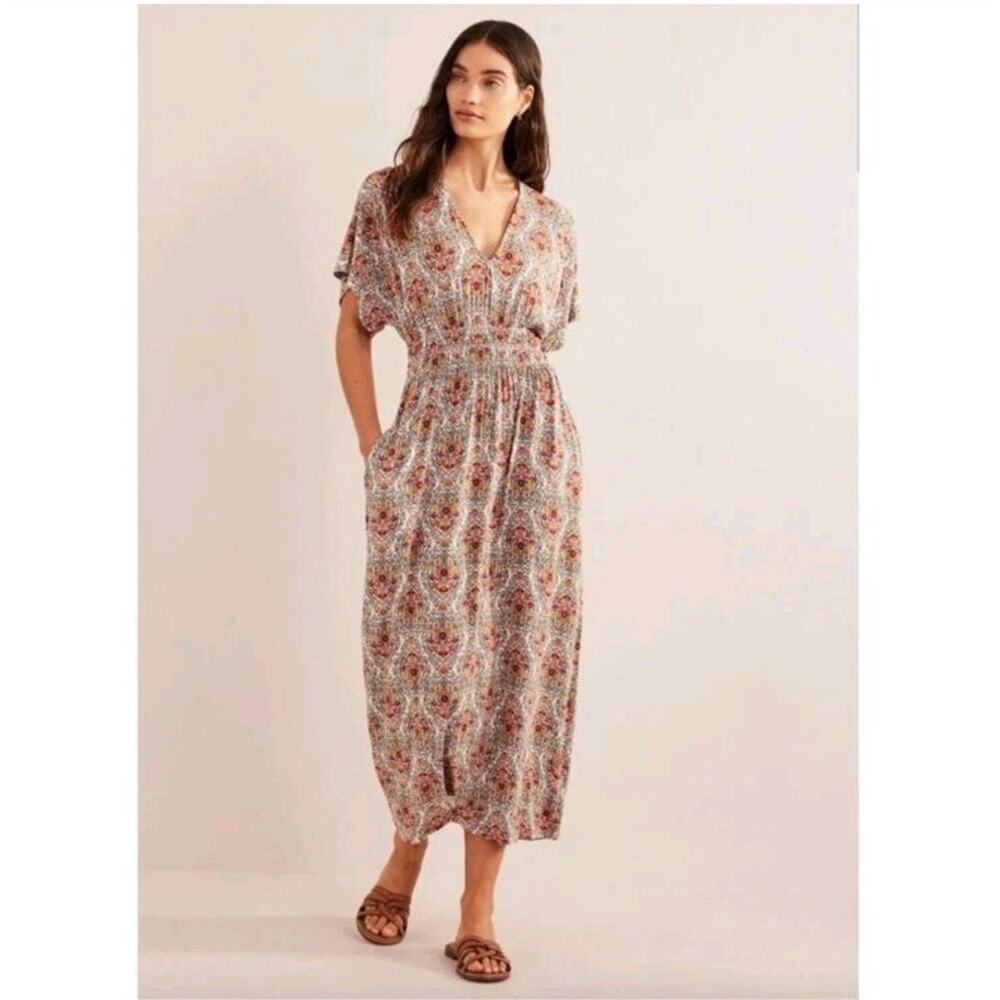Boden Smocked Waist Jersey Maxi Dress Floral Medallion Pockets Size 16-18R Boho